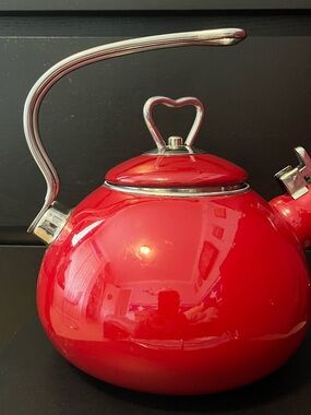 Tivoli Red Enamel Whistling Tea Kettle with Heart Knob and Silver Trim